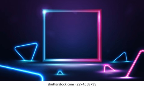 Neon square gradient blue and pink frame on dark scene with neon blue and pink triangles around