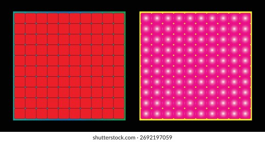 Padrão geométrico abstrato do fundo da grade quadrada de Neon em gradiente vermelho e rosa quente.