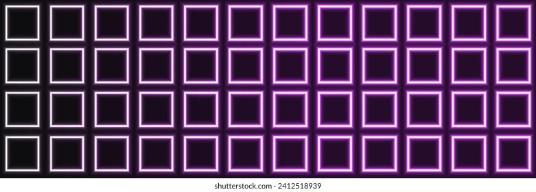 Fondo de la rejilla cuadrada de neón con cuadrados. Fondo oscuro y transparente con borde blanco y violeta brillante.