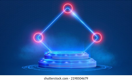 Neon square, hologram above the podium, product layout. Circle portals, teleport, hologram gadget. Blank display, stage or magic portal, podium for show product in futuristic cyberpunk or hud style.