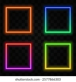 Neon square lamps. Realistic electric borders, illuminated frames. Shiny rectangle signs and wall brackets. Fluorescent light elements..