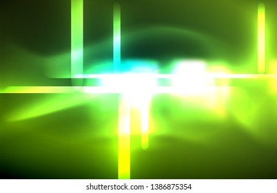 Neon square and line lights on dark background with blurred effects, vector modern design