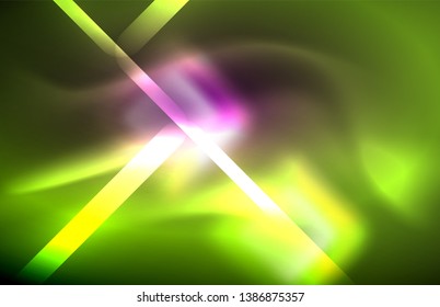 Neon square and line lights on dark background with blurred effects, vector modern design
