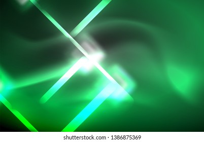 Neon square and line lights on dark background with blurred effects, vector modern design