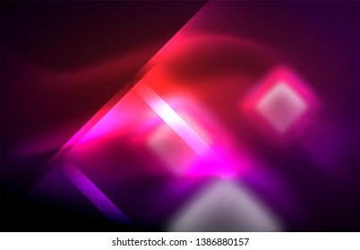 Neon square and line lights on dark background with blurred effects, vector modern design