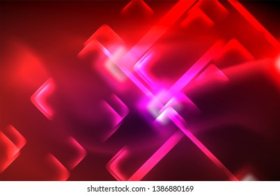 Neon square and line lights on dark background with blurred effects, vector modern design