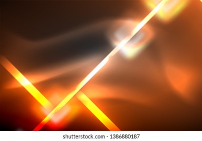 Luces cuadradas y de línea de neón sobre fondo oscuro con efectos borrosos, diseño vectorial moderno