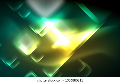 Luces cuadradas y de línea de neón sobre fondo oscuro con efectos borrosos, diseño vectorial moderno