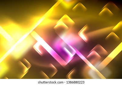 Neon-Quadrat- und Zeilenleuchten auf dunklem Hintergrund mit unscharfem Effekt, Vektormodernes Design