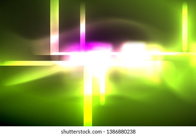 Neon square and line lights on dark background with blurred effects, vector modern design