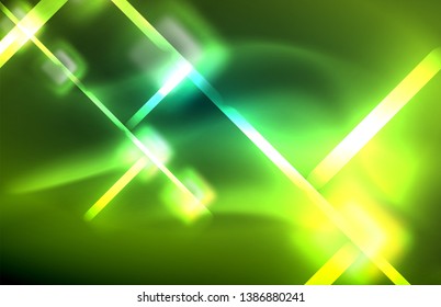 Neon square and line lights on dark background with blurred effects, vector modern design