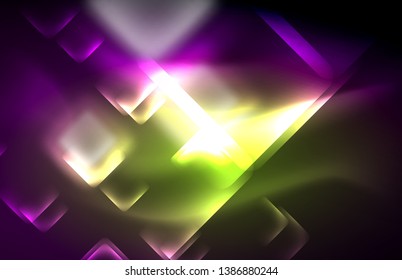 Neon square and line lights on dark background with blurred effects, vector modern design