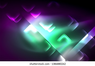 Neon square and line lights on dark background with blurred effects, vector modern design