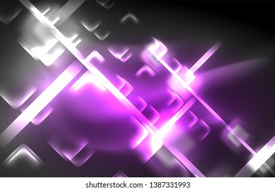 Neon-Quadrat- und Zeilenleuchten auf dunklem Hintergrund mit unscharfem Effekt, Vektormodernes Design