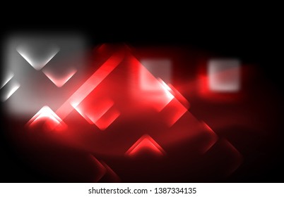 Neon square and line lights on dark background with blurred effects, vector modern design