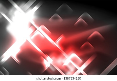 Neon square and line lights on dark background with blurred effects, vector modern design