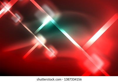 Luces cuadradas y de línea de neón sobre fondo oscuro con efectos borrosos, diseño vectorial moderno