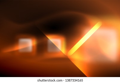 Luces cuadradas y de línea de neón sobre fondo oscuro con efectos borrosos, diseño vectorial moderno