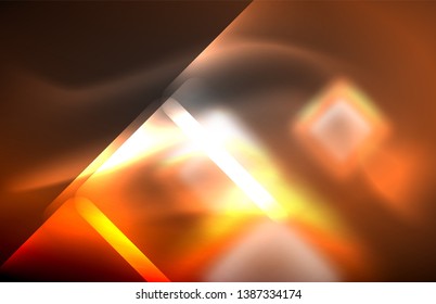 Neon square and line lights on dark background with blurred effects, vector modern design