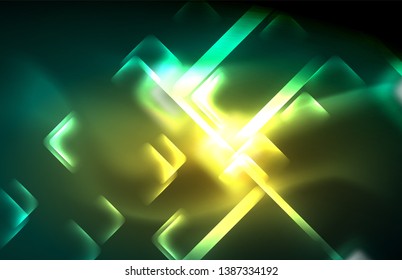 Luces cuadradas y de línea de neón sobre fondo oscuro con efectos borrosos, diseño vectorial moderno