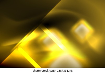Neon square and line lights on dark background with blurred effects, vector modern design