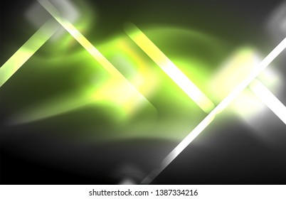 Neon square and line lights on dark background with blurred effects, vector modern design