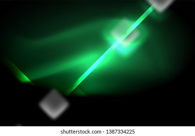 Luces cuadradas y de línea de neón sobre fondo oscuro con efectos borrosos, diseño vectorial moderno