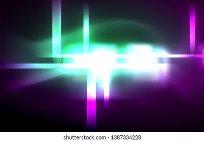 Neon square and line lights on dark background with blurred effects, vector modern design
