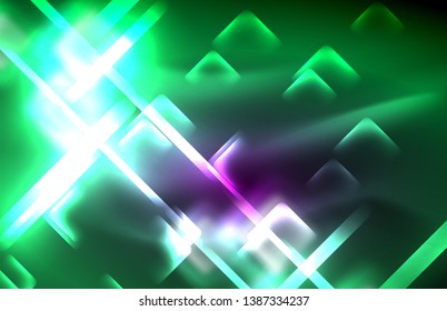 Luces cuadradas y de línea de neón sobre fondo oscuro con efectos borrosos, diseño vectorial moderno