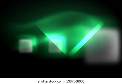 Neon square and line lights on dark background with blurred effects, vector modern design