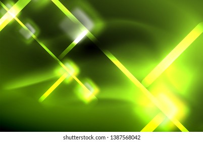 Neon-Quadrat- und Zeilenleuchten auf dunklem Hintergrund mit unscharfem Effekt, Vektormodernes Design