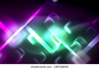 Neon square and line lights on dark background with blurred effects, vector modern design