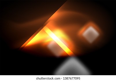 Luces cuadradas y de línea de neón sobre fondo oscuro con efectos borrosos, diseño vectorial moderno
