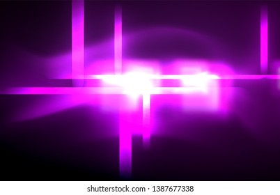Neon square and line lights on dark background with blurred effects, vector modern design
