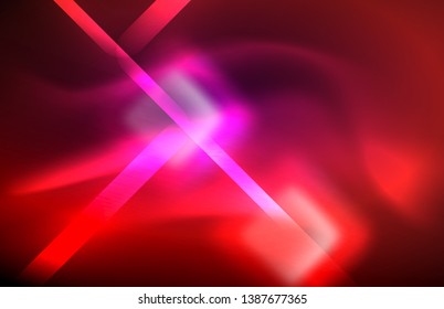 Neon square and line lights on dark background with blurred effects, vector modern design