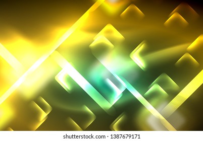 Neon square and line lights on dark background with blurred effects, vector modern design