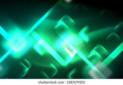 Neon square and line lights on dark background with blurred effects, vector modern design
