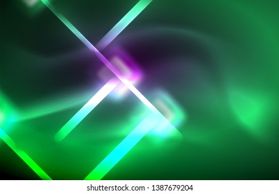 Neon square and line lights on dark background with blurred effects, vector modern design
