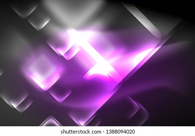Neon square and line lights on dark background with blurred effects, vector modern design