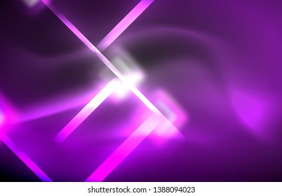 Neon square and line lights on dark background with blurred effects, vector modern design