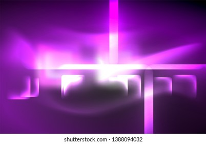 Luces cuadradas y de línea de neón sobre fondo oscuro con efectos borrosos, diseño vectorial moderno