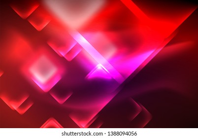 Neon square and line lights on dark background with blurred effects, vector modern design