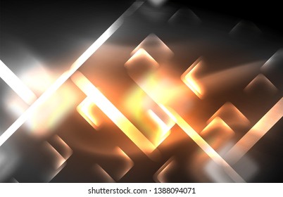 Neon square and line lights on dark background with blurred effects, vector modern design