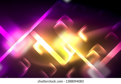 Luces cuadradas y de línea de neón sobre fondo oscuro con efectos borrosos, diseño vectorial moderno