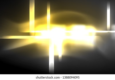 Neon square and line lights on dark background with blurred effects, vector modern design
