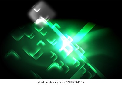 Luces cuadradas y de línea de neón sobre fondo oscuro con efectos borrosos, diseño vectorial moderno
