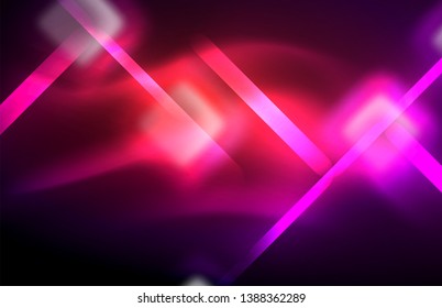 Neon square and line lights on dark background with blurred effects, vector modern design