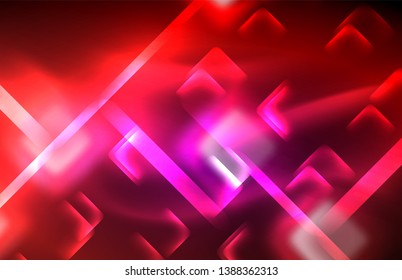 Neon square and line lights on dark background with blurred effects, vector modern design