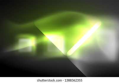 Neon square and line lights on dark background with blurred effects, vector modern design