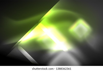 Neon square and line lights on dark background with blurred effects, vector modern design